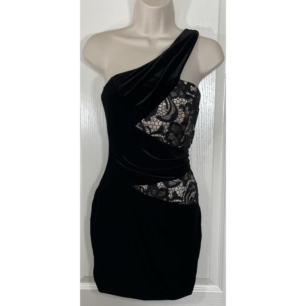 Vtg‎ Jessica McClintock Dress 2 Black Velvet Lace Ruching One Shoulder HOCO